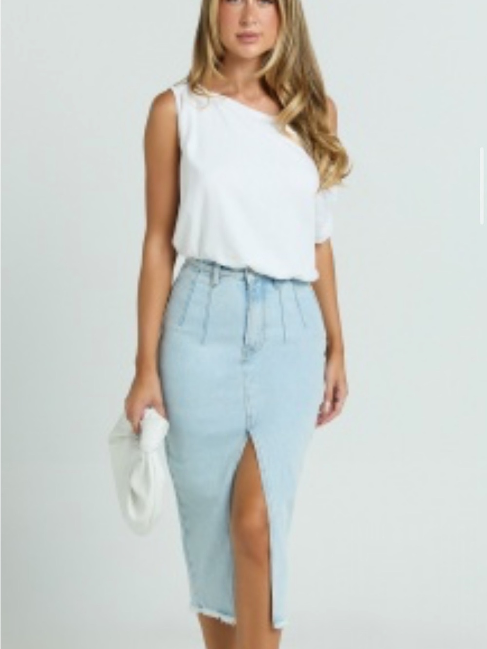 Showpo Light Wash Denim Midi Skirt with Center Front Slit